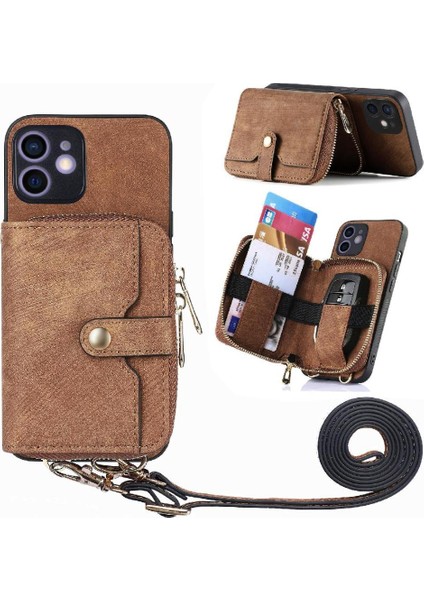 IPhone 12 Için Kılıf Ayarlanabilir Kordon Premium Deri 7 Kart Yuvaları Fermuar (Yurt Dışından)