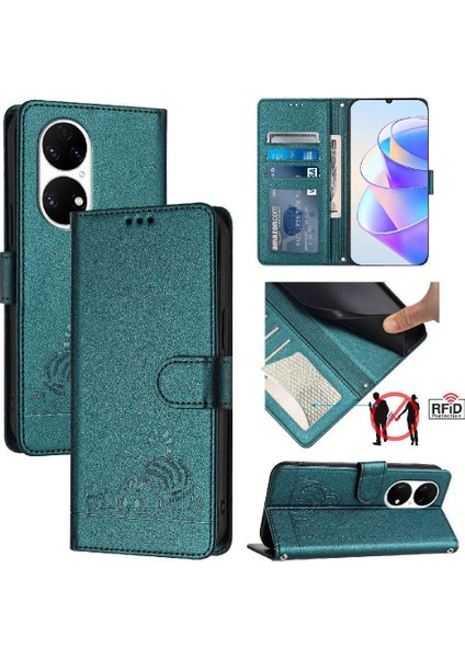 Huawei P50 Pro Cüzdan Kapak Çevirin Kart Yuvası Tutucu Kickstand Kedi (Yurt Dışından)