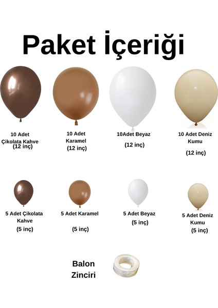 Balon Seti Çikolata Kahve-Karamel-Deniz Kumu-Beyaz 60 Lı Balon Zinciri Seti