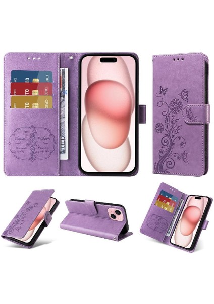 IPhone 15 Flip Deri Kart Yuvaları Çiçek Için Flip Case (Yurt Dışından)