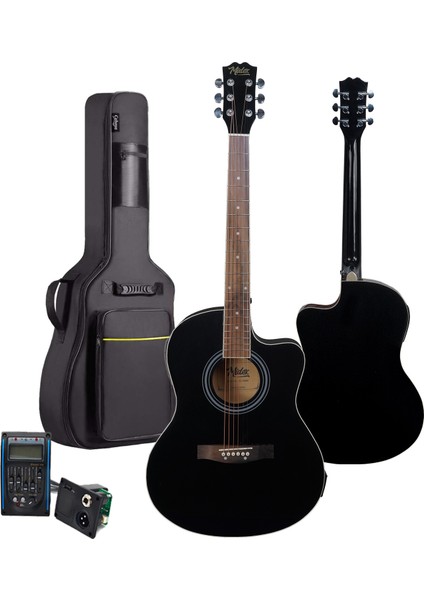 Midex XC-300BK-EQ Profesyonel Siyah Elektro Akustik Gitar 4/4 Yetişkin Üst Segment (Siyah Gigbag Çanta Tuner Capo Askı Jak Kablo Pena)