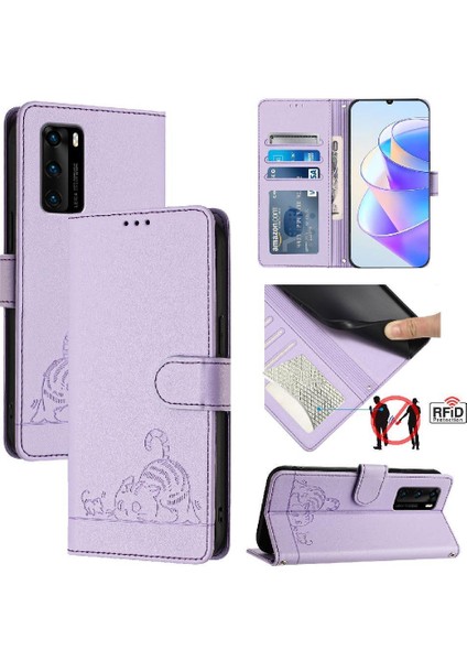 Huawei P40 Için Kılıf Cüzdan Kapak Çevirin Kedi Rfıd Kart Yuvası Tutucu Kickstand (Yurt Dışından)