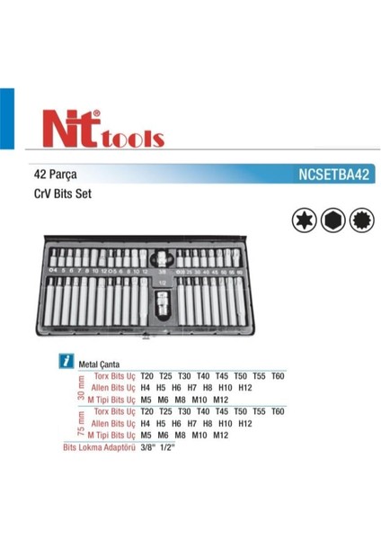 42 Parça Torx, Allen ve M Tipi Bits Seti Crv NCSETBA42