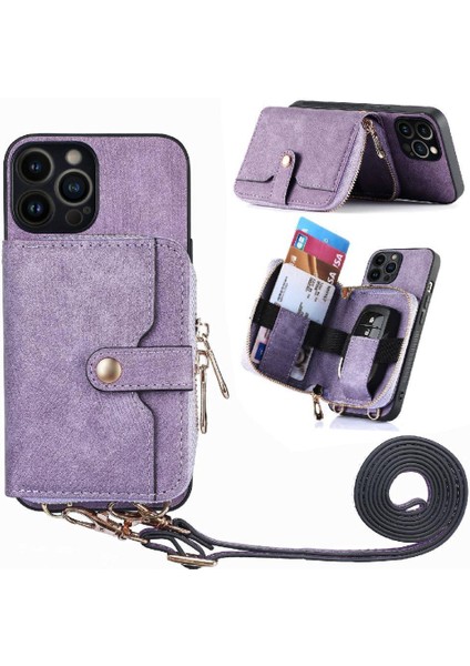 IPhone 13 Için Kılıf Pro Standı Ayarlanabilir Kordon 7 Kart Yuvaları Fermuar (Yurt Dışından)
