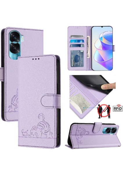 Onur Için Kılıf 90 Lite 5g Kedi Rfıd Kart Yuvası Tutucu Kickstand Cüzdan Flip (Yurt Dışından)