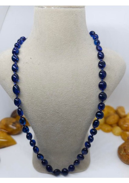 Safir Mavi Damla Kehribar Yetişkin Kolye (Blue Amber)