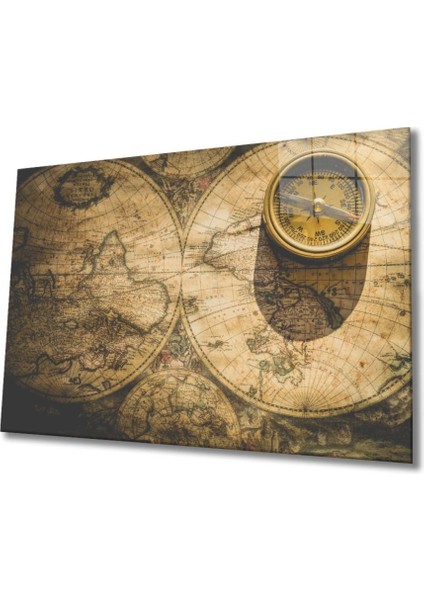 Teknoo- Pusula Eski Harita Cam Tablo, Ev ve Ofis Duvar Dekoru,