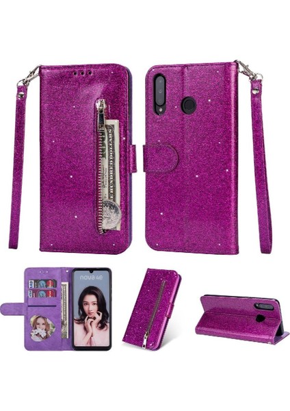 Huawei P30 Lite Glitter Cüzdan Kılıf Bilek Kayışı Için Fermuarlı Cebi Durumda (Yurt Dışından)