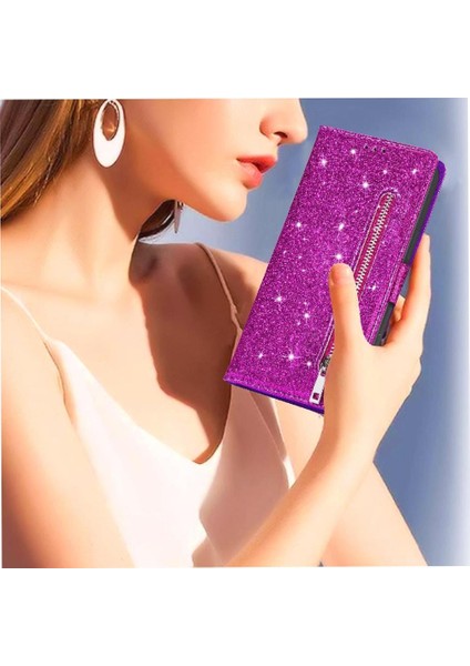 IPhone 14 Için Fermuarlı Cebi Durumda Pro Manyetik Kapatma Pu Deri Glitter (Yurt Dışından)