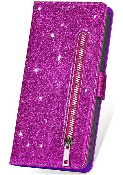 IPhone 14 Için Fermuarlı Cebi Durumda Pro Manyetik Kapatma Pu Deri Glitter (Yurt Dışından)