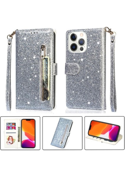 IPhone 13 Için Fermuar Cep Durumda Pro Max Pu Deri Glitter Cüzdan Kılıf (Yurt Dışından)