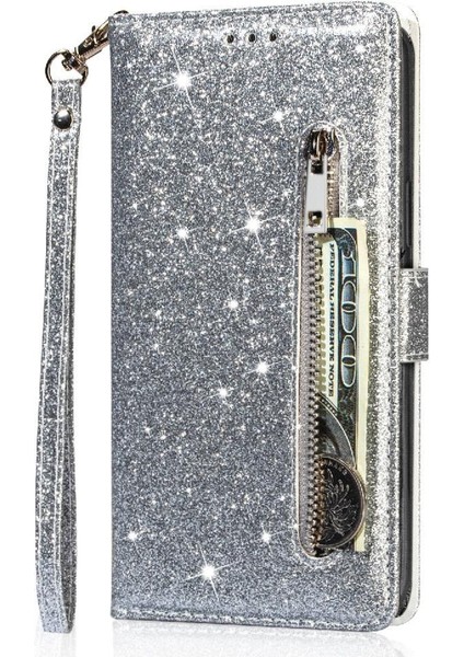IPhone 13 Için Fermuar Cep Durumda Pro Max Pu Deri Glitter Cüzdan Kılıf (Yurt Dışından)