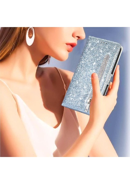 IPhone 13 Için Fermuar Cep Durumda Pro Max Pu Deri Glitter Cüzdan Kılıf (Yurt Dışından)