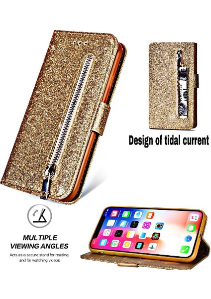 IPhone Xr Manyetik Kapatma Kart Tutucu Için Fermuar Cep Durumda Glitter Pu (Yurt Dışından)