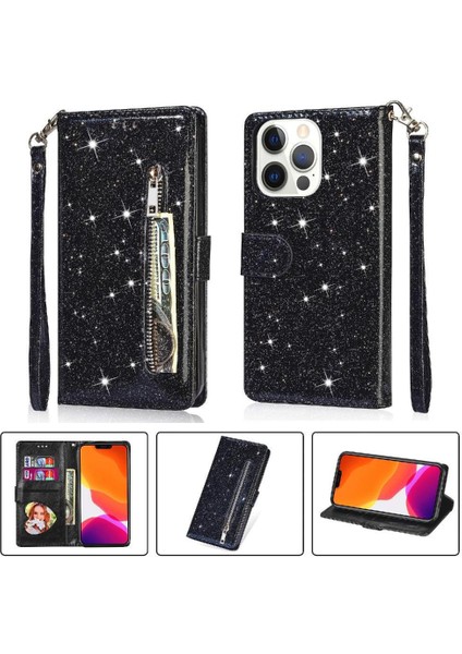 IPhone 13 Için Fermuar Cep Durumda Pro Max Pu Deri Glitter Cüzdan Kılıf (Yurt Dışından)