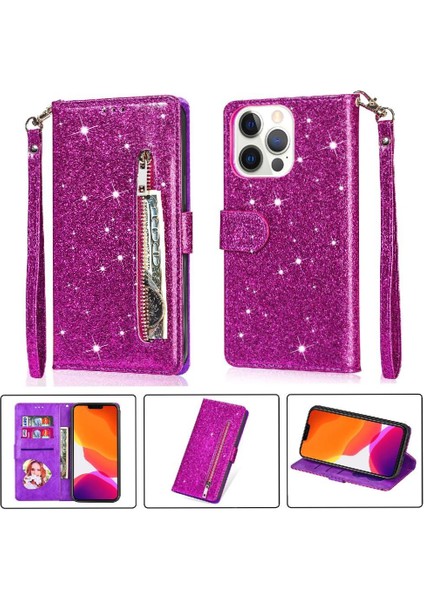 IPhone 13 Için Fermuar Cep Durumda Pro Max Pu Deri Glitter Cüzdan Kılıf (Yurt Dışından)