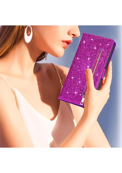IPhone 13 Için Fermuar Cep Durumda Pro Max Pu Deri Glitter Cüzdan Kılıf (Yurt Dışından)