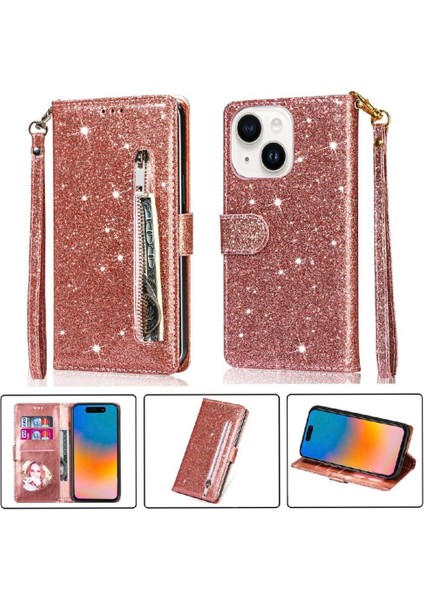 IPhone 15 Için Fermuar Cep Durumda Artı Glitter Cüzdan Kılıf Manyetik Pu (Yurt Dışından)