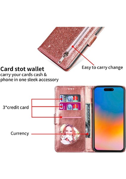 IPhone 15 Için Fermuar Cep Durumda Artı Glitter Cüzdan Kılıf Manyetik Pu (Yurt Dışından)