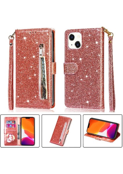 IPhone 13 Mini Manyetik Kapatma Glitter Cüzdan Pu Için Fermuarlı Cebi Durumda (Yurt Dışından)