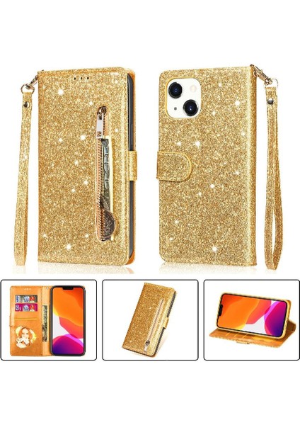 IPhone 14 Için Fermuar Cep Durumda Artı Pu Deri Kart Tutucu Glitter Vaka (Yurt Dışından)