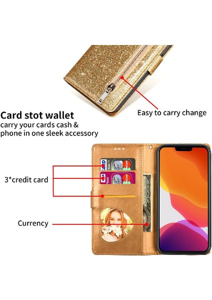 IPhone 14 Için Fermuar Cep Durumda Artı Pu Deri Kart Tutucu Glitter Vaka (Yurt Dışından)