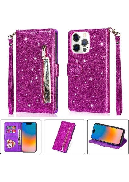 IPhone 15 Pro Pu Deri Manyetik Kapatma Glitter Için Fermuarlı Cebi Durumda (Yurt Dışından)