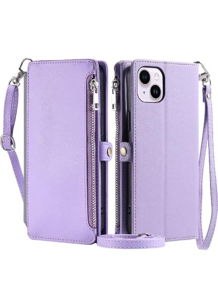 IPhone 14 Için Crossbody Durumda Rfıd Engelleme Uzun Kordon Fermuar Faturaları Yuvası (Yurt Dışından)