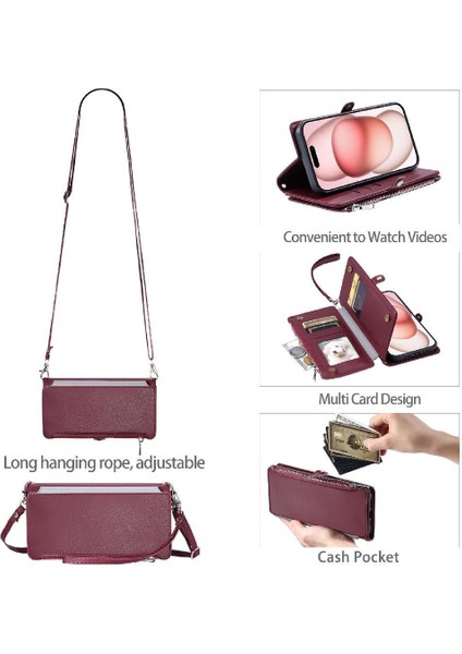 IPhone 16 Için Crossbody Durumda Pro Max Fermuar Faturaları Yuvası Uzun Kordon 9 (Yurt Dışından)