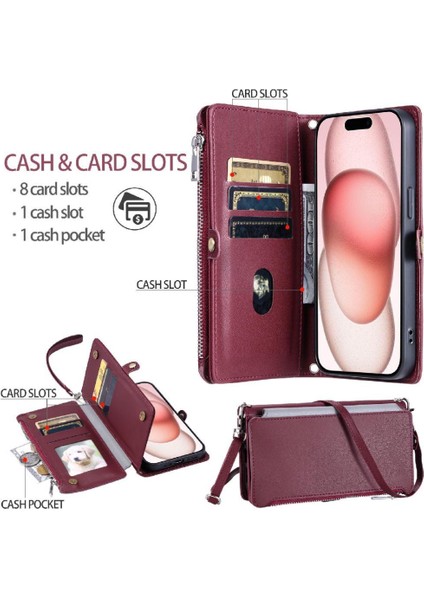 IPhone 16 Için Crossbody Durumda Pro Max Fermuar Faturaları Yuvası Uzun Kordon 9 (Yurt Dışından)