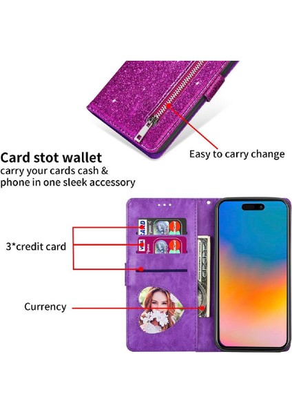 IPhone 15 Pro Pu Deri Manyetik Kapatma Glitter Için Fermuarlı Cebi Durumda (Yurt Dışından)