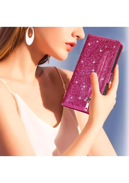 IPhone 14 Için Fermuar Cep Durumda Artı Pu Deri Kart Tutucu Glitter Vaka (Yurt Dışından)