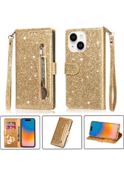 IPhone 15 Için Fermuar Cep Durumda Artı Glitter Cüzdan Kılıf Manyetik Pu (Yurt Dışından)