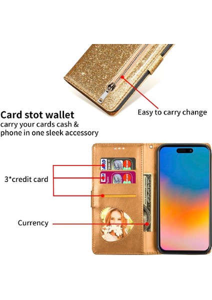IPhone 15 Için Fermuar Cep Durumda Artı Glitter Cüzdan Kılıf Manyetik Pu (Yurt Dışından)
