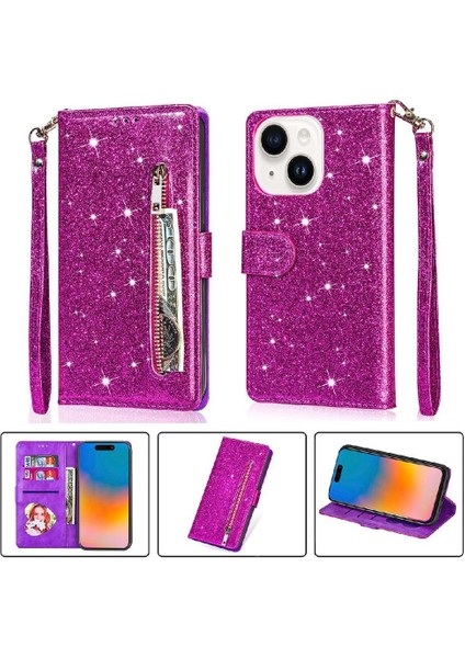 IPhone 15 Için Fermuar Cep Durumda Artı Glitter Cüzdan Kılıf Manyetik Pu (Yurt Dışından)