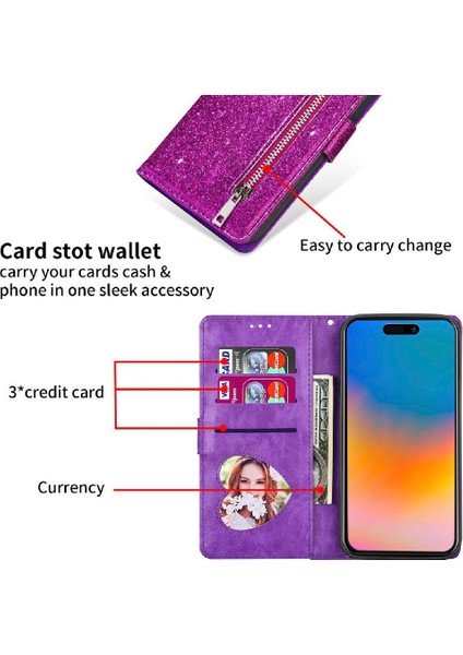 IPhone 15 Için Fermuar Cep Durumda Artı Glitter Cüzdan Kılıf Manyetik Pu (Yurt Dışından)