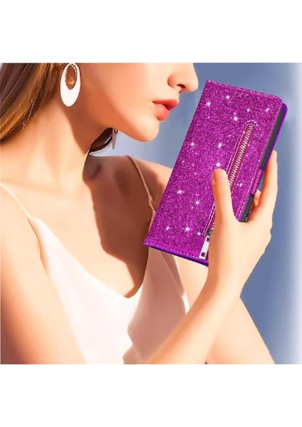 IPhone 15 Için Fermuar Cep Durumda Artı Glitter Cüzdan Kılıf Manyetik Pu (Yurt Dışından)
