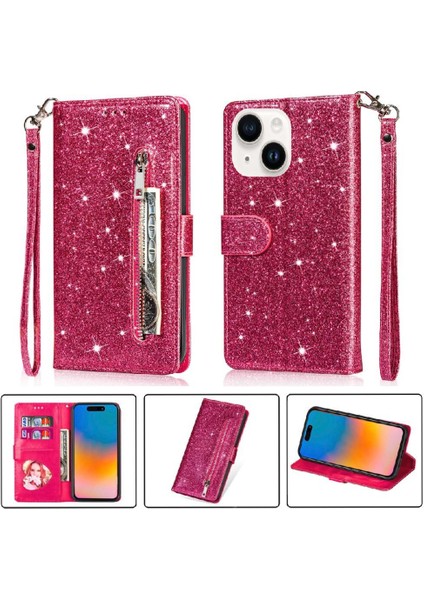 IPhone 15 Için Fermuar Cep Durumda Artı Glitter Cüzdan Kılıf Manyetik Pu (Yurt Dışından)