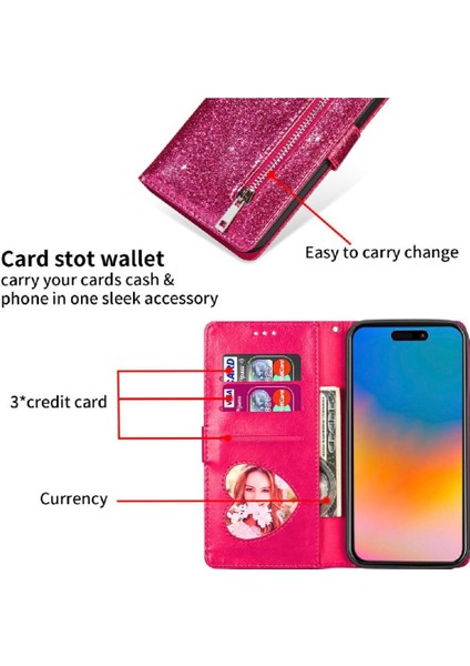 IPhone 15 Için Fermuar Cep Durumda Artı Glitter Cüzdan Kılıf Manyetik Pu (Yurt Dışından)