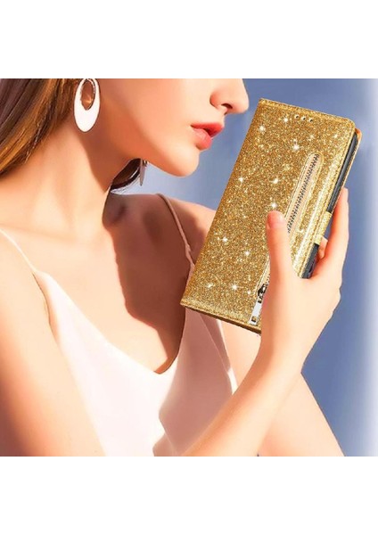 IPhone 15 Için Fermuar Cep Durumda Artı Glitter Cüzdan Kılıf Manyetik Pu (Yurt Dışından)