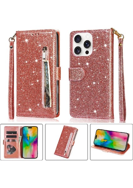 IPhone 16 Pro Pu Deri Manyetik Kapatma Glitter Için Fermuarlı Cebi Durumda (Yurt Dışından)