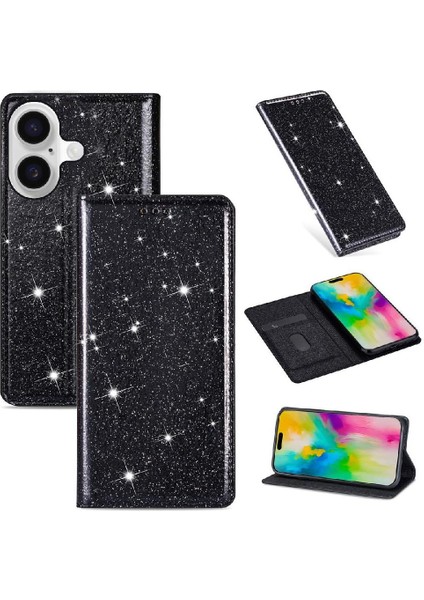 IPhone 16 Için Glitter Flip Case Kart Tutucu Flip Case Cüzdan Pu Deri (Yurt Dışından)