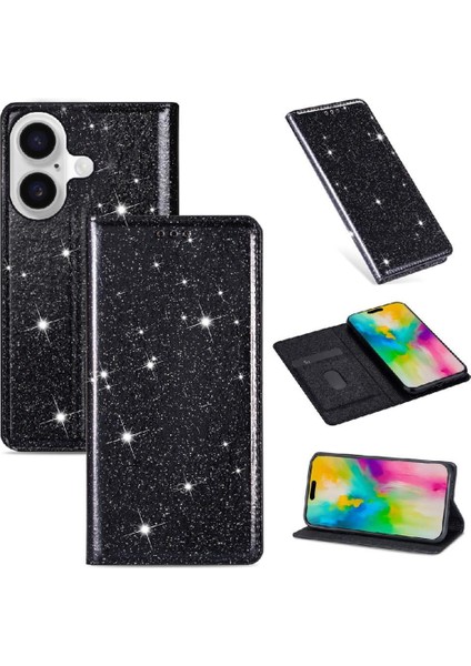 IPhone 16 Için Glitter Flip Case Artı Pu Deri Kart Tutucu Manyetik Kapak (Yurt Dışından)
