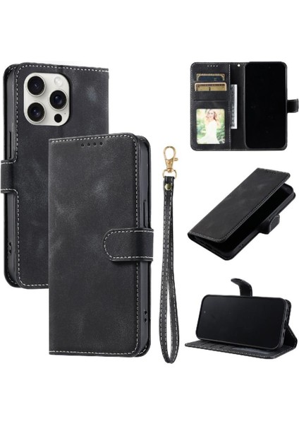 IPhone 13 Için Flip Case Pro Kickstand Pu Deri Bilek Kayışı Cüzdan Kartı (Yurt Dışından)