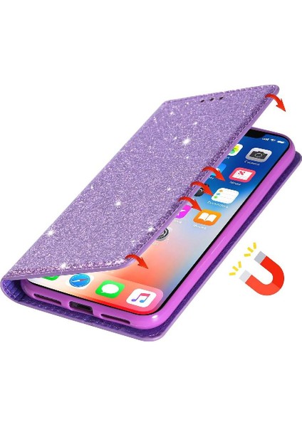 IPhone 12 Kart Tutucu Manyetik Kapatma Pu Deri Için Glitter Flip Case (Yurt Dışından)