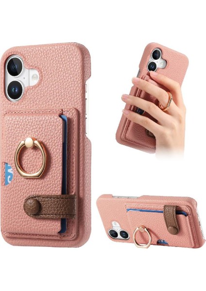 IPhone 16 Için Kılıf Artı Halka Standı Kart Yuvaları Premium Dokulu Deri (Yurt Dışından)