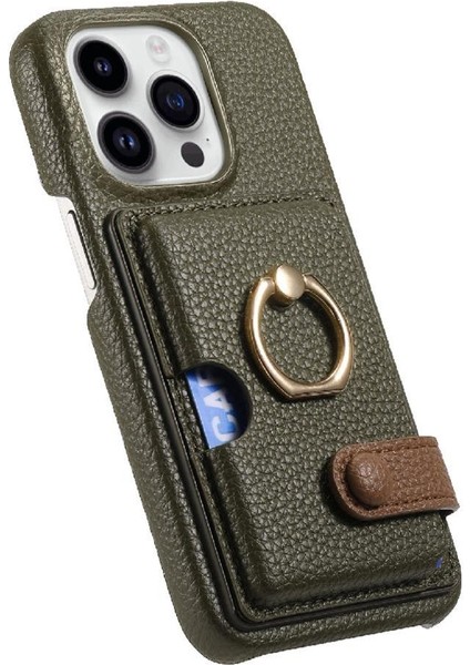 IPhone 16 Için Kılıf Pro Max Premium Dokulu Deri Kart Yuvaları Halka Standı (Yurt Dışından)