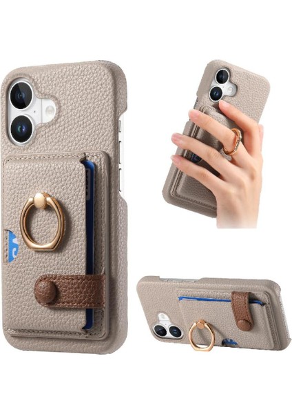 IPhone 16 Için Kılıf Halka Standı Kart Yuvaları Premium Dokulu Deri (Yurt Dışından)