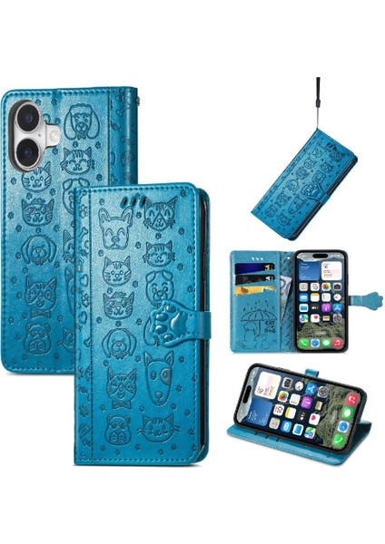 IPhone 16 Için Kılıf Kısa Kayış Deri Kılıf Kapak Kapak Karikatür Hayvanlar (Yurt Dışından)