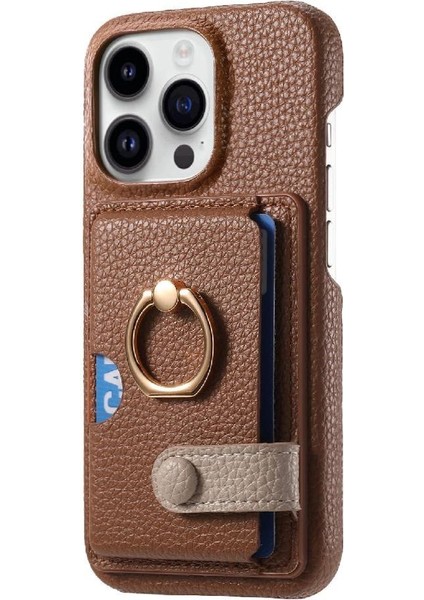 IPhone 16 Için Kılıf Pro Max Premium Dokulu Deri Kart Yuvaları Halka Standı (Yurt Dışından)